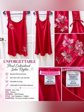 🌺Unforgettable Satin Floral Embroidered Nightie - Red/Pink